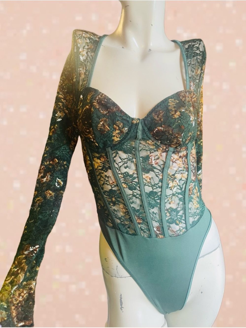 ✨Brand New Green Lace Corset style Floral Bustier Bodysuit